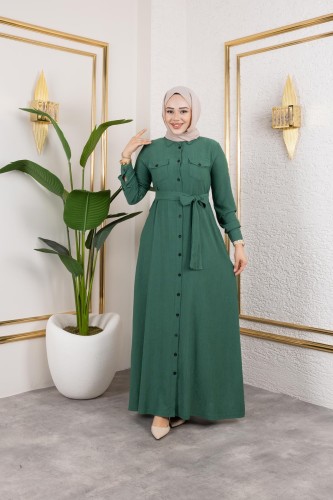 Modaebva - Ön Düğmeli Gizli Cep Detaylı Elbise-5029 Yeşil