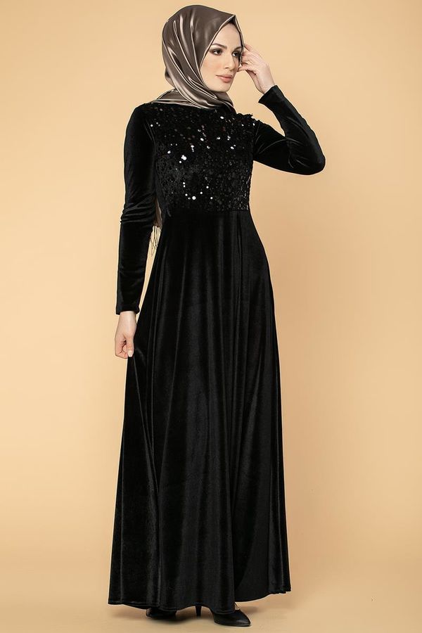 Ön Pul Detay Kadife Elbise-2011 Siyah