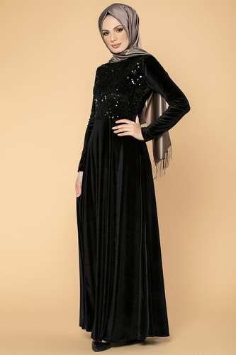 Ön Pul Detay Kadife Elbise-2011 Siyah - Thumbnail