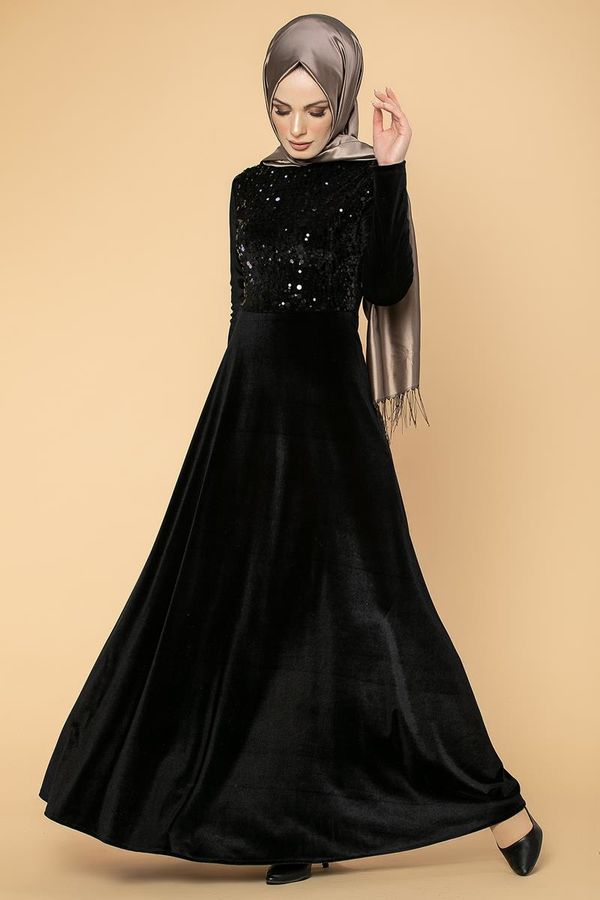 Ön Pul Detay Kadife Elbise-2011 Siyah