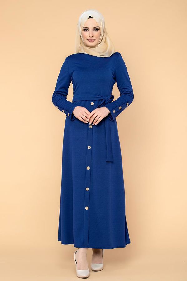 Ön Ve Kol Düğme Detaylı Tesettür Elbise-3571 Saks mavisi
