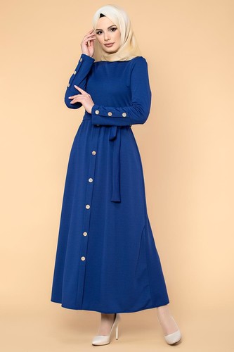 Ön Ve Kol Düğme Detaylı Tesettür Elbise-3571 Saks mavisi - Thumbnail