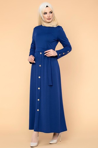 Ön Ve Kol Düğme Detaylı Tesettür Elbise-3571 Saks mavisi - Thumbnail