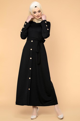 Ön Ve Kol Düğme Detaylı Tesettür Elbise-3571 Siyah - Thumbnail