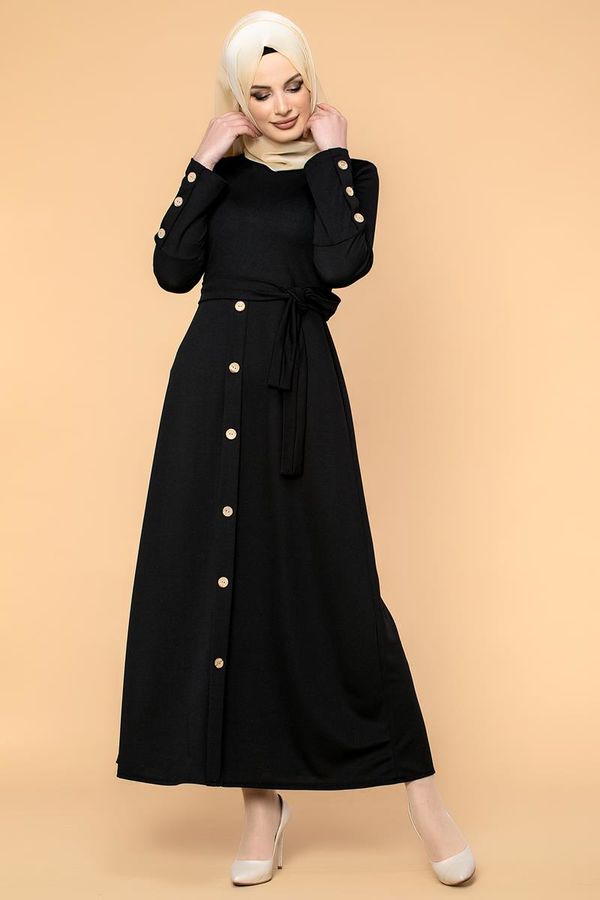 Ön Ve Kol Düğme Detaylı Tesettür Elbise-3571 Siyah