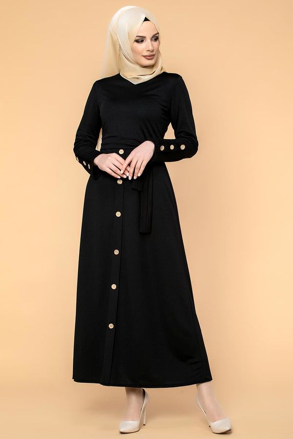 Ön Ve Kol Düğme Detaylı Tesettür Elbise-3571 Siyah