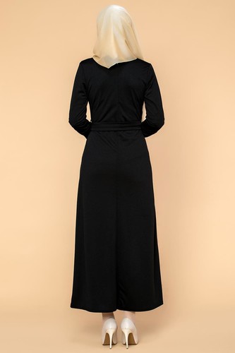 Ön Ve Kol Düğme Detaylı Tesettür Elbise-3571 Siyah - Thumbnail
