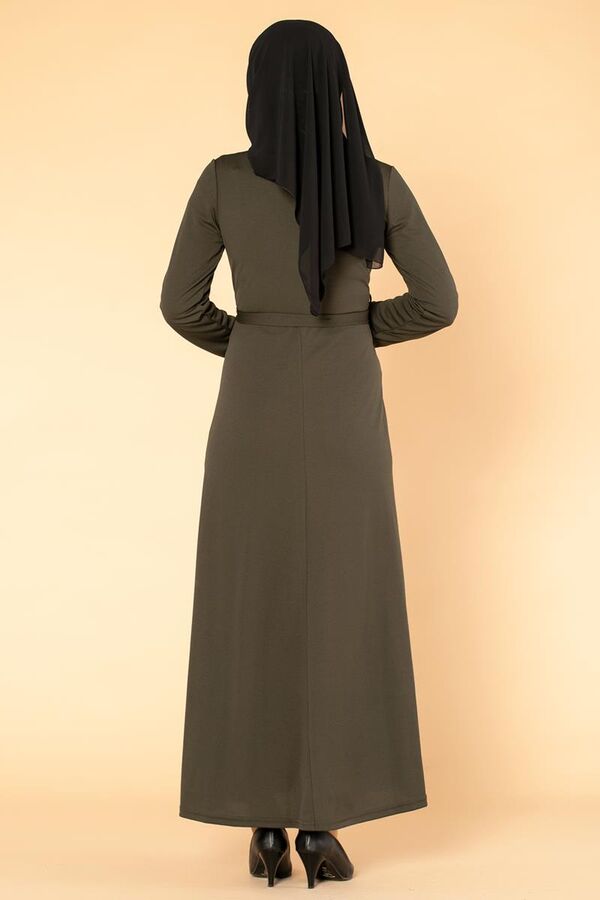 Ön Ve Kol İnci Detay Tesettür Elbise-1723 Hakiyeşil