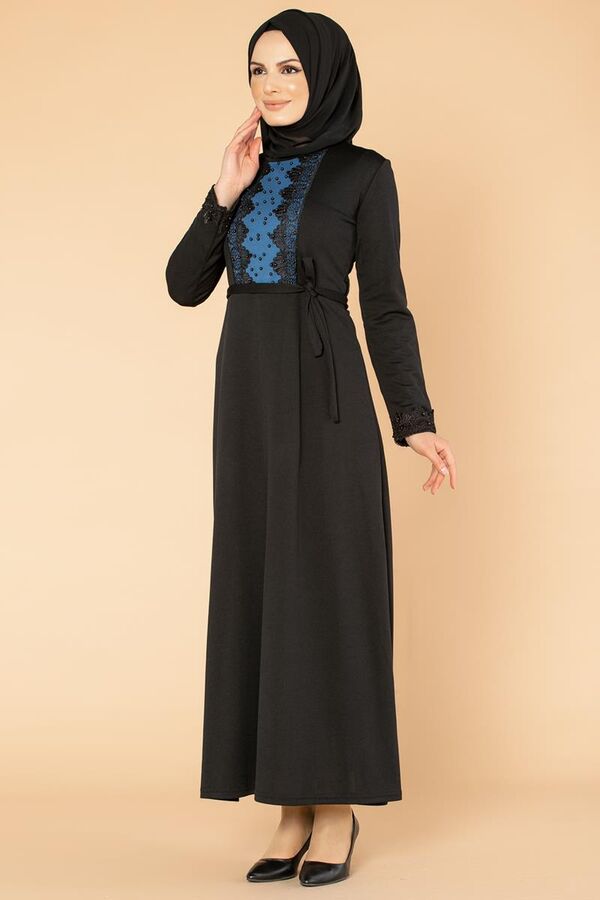 Ön Ve Kol İnci Detay Tesettür Elbise-1723 Siyah
