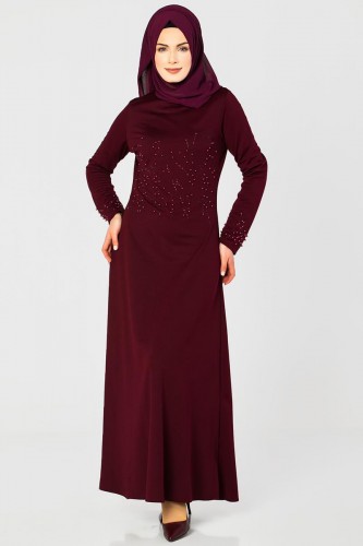 Ön ve Kol İnci Detaylı Elbise-2063 Bordo - 1