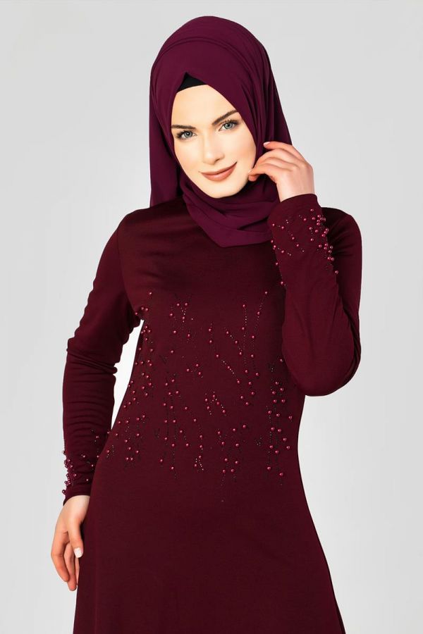 Ön ve Kol İnci Detaylı Elbise-2063 Bordo - 2