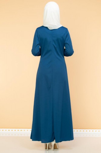 Ön ve Kol İnci Detaylı Elbise-2063-İndigo - Thumbnail