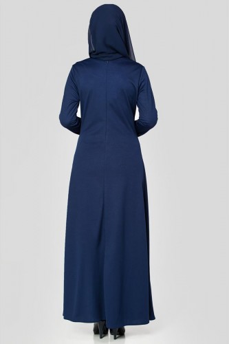 Ön ve Kol İnci Detaylı Elbise-2063 Lacivert - Thumbnail