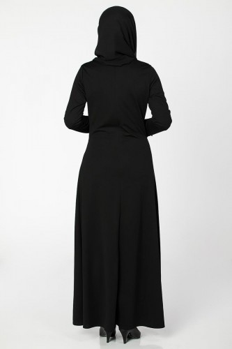 Ön ve Kol İnci Detaylı Elbise-2063 Siyah - Thumbnail