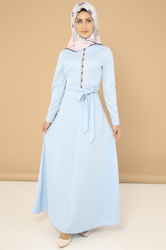 Ön ve Kol Nakış İşlemeli Elbise-3560 Bebe mavisi - Thumbnail