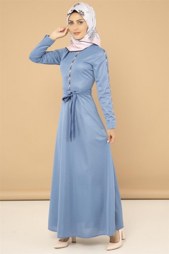 Ön ve Kol Nakış İşlemeli Elbise-3560 İndigo - Thumbnail