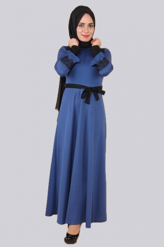 Ön ve Kol Taşlı Güpürlü Elbise-0633İndigo - Thumbnail