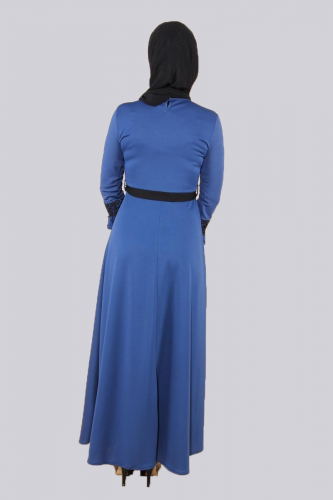 Ön ve Kol Taşlı Güpürlü Elbise-0633İndigo - Thumbnail