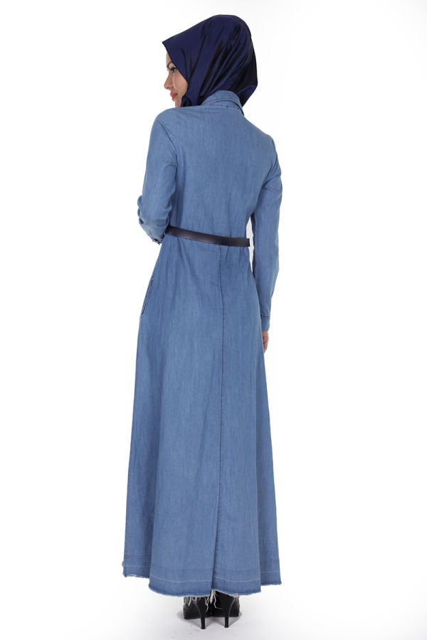 Önden Düğme Kemerli kot Elbise-1227Açık Mavi