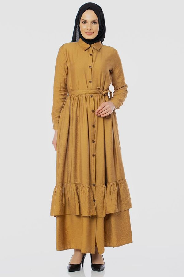 Önden Düğmeli Ayrobin Tesettür Elbise-4070 Hardalsarısı