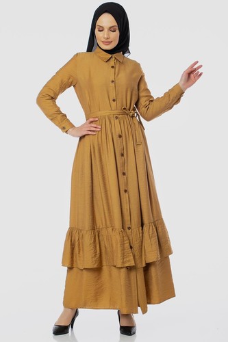 Önden Düğmeli Ayrobin Tesettür Elbise-4070 Hardalsarısı - Thumbnail