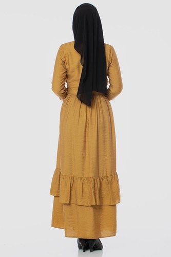 Önden Düğmeli Ayrobin Tesettür Elbise-4070 Hardalsarısı - Thumbnail