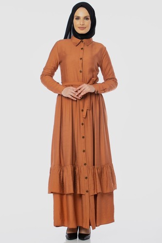 Önden Düğmeli Ayrobin Tesettür Elbise-4070 Kiremit - Thumbnail