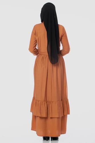 Önden Düğmeli Ayrobin Tesettür Elbise-4070 Kiremit - Thumbnail