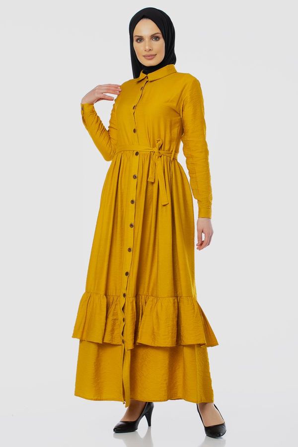 Önden Düğmeli Ayrobin Tesettür Elbise-4070 Sarı