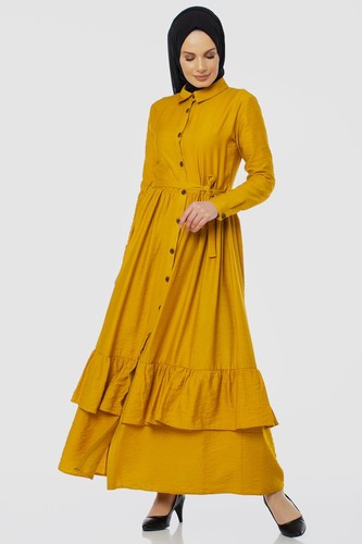 Önden Düğmeli Ayrobin Tesettür Elbise-4070 Sarı - Thumbnail