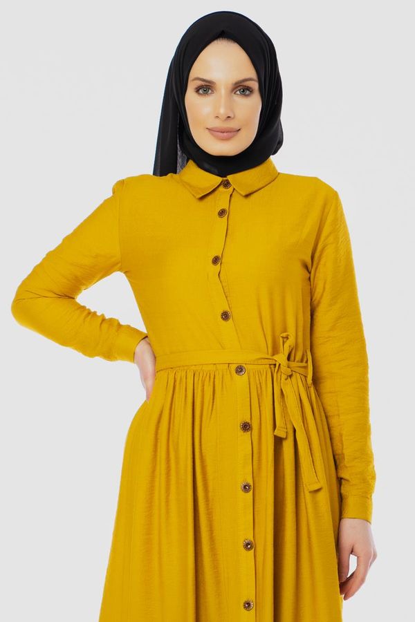 Önden Düğmeli Ayrobin Tesettür Elbise-4070 Sarı