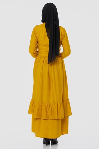 Önden Düğmeli Ayrobin Tesettür Elbise-4070 Sarı - Thumbnail