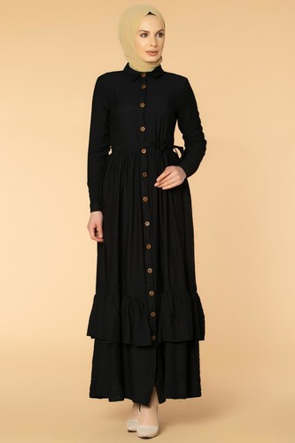 Önden Düğmeli Ayrobin Tesettür Elbise-4070 Siyah - Thumbnail