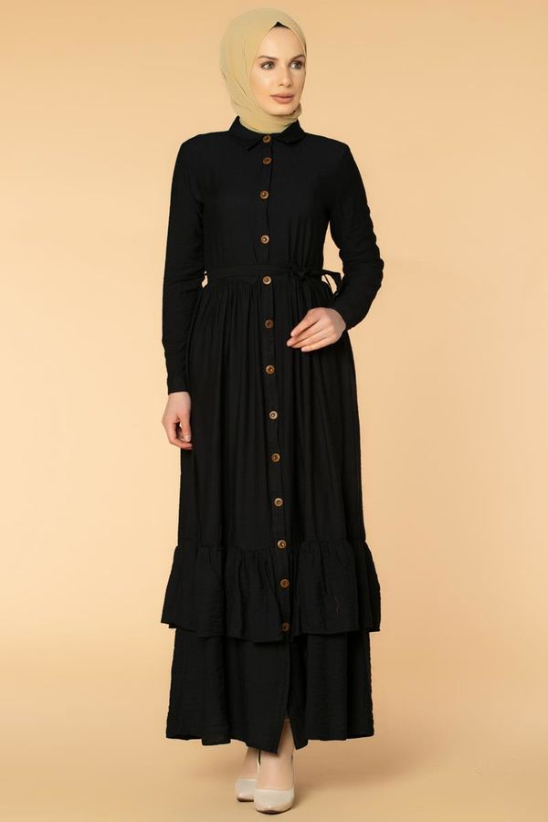 Önden Düğmeli Ayrobin Tesettür Elbise-4070 Siyah