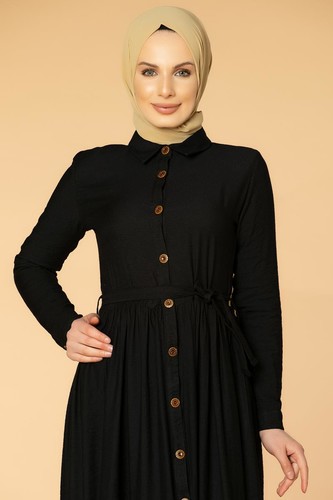 Önden Düğmeli Ayrobin Tesettür Elbise-4070 Siyah - Thumbnail