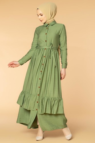 Önden Düğmeli Ayrobin Tesettür Elbise-4070 Yeşil - Thumbnail
