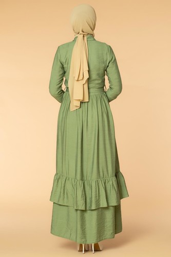 Önden Düğmeli Ayrobin Tesettür Elbise-4070 Yeşil - Thumbnail