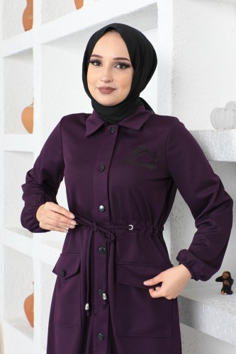 Modaebva - Önden Düğmeli Belden Bağcıklı Tesettür Tunik-5128 Mor (1)