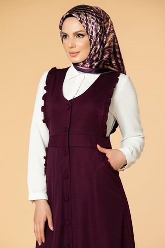 Önden Düğmeli Cepli Tesettür Jile-588 Mor - 2