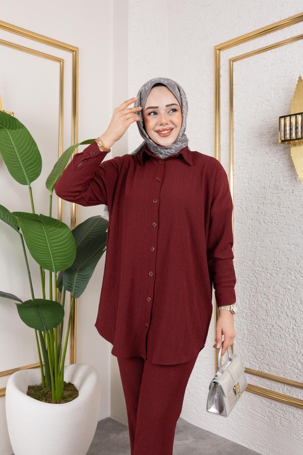 Önden Düğmeli İkili Takım-5027 Bordo