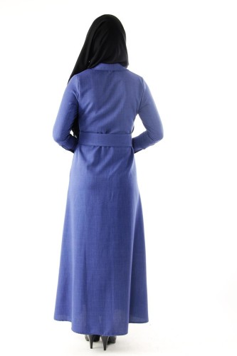 Önden Düğmeli Kalın Kemerli Elbise-Mavi0555 - Thumbnail
