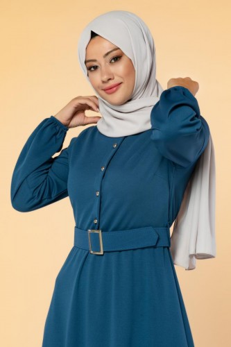 Önden Düğmeli Kemerli Elbise-3047 İndigo - 2