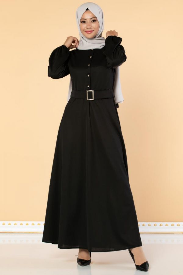 Önden Düğmeli Kemerli Elbise-3047 Siyah