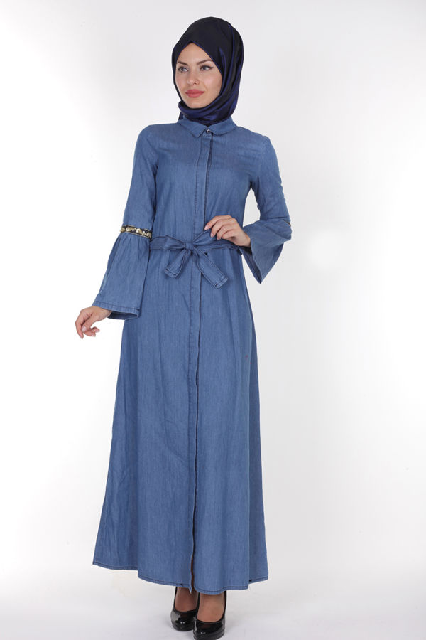 Önden Düğmeli Kolları Volan Kot Elbise-1230 açık mavi