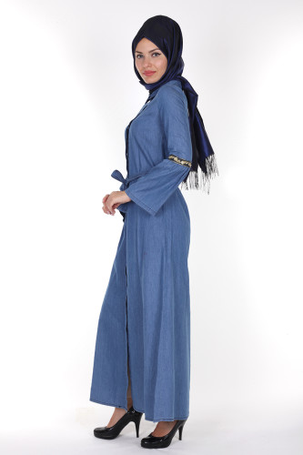 Önden Düğmeli Kolları Volan Kot Elbise-1230 açık mavi - Thumbnail