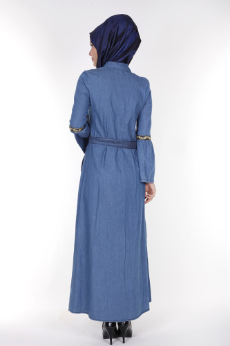 Önden Düğmeli Kolları Volan Kot Elbise-1230 açık mavi - Thumbnail