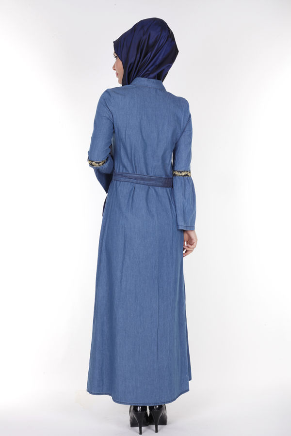 Önden Düğmeli Kolları Volan Kot Elbise-1230 açık mavi