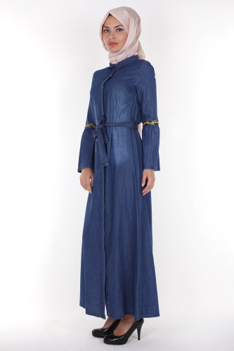 Önden Düğmeli Kolları Volan Kot Elbise-1230 Koyu Mavi - Thumbnail