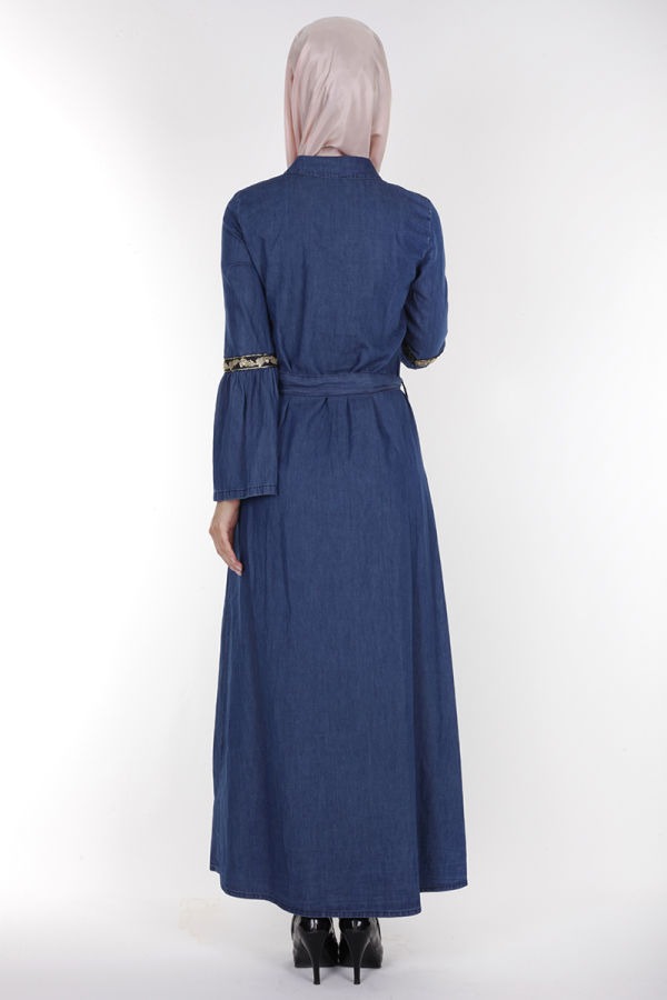 Önden Düğmeli Kolları Volan Kot Elbise-1230 Koyu Mavi