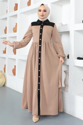 Önden Düğmeli Kuşaklı Elbise-5129 Latte - Thumbnail